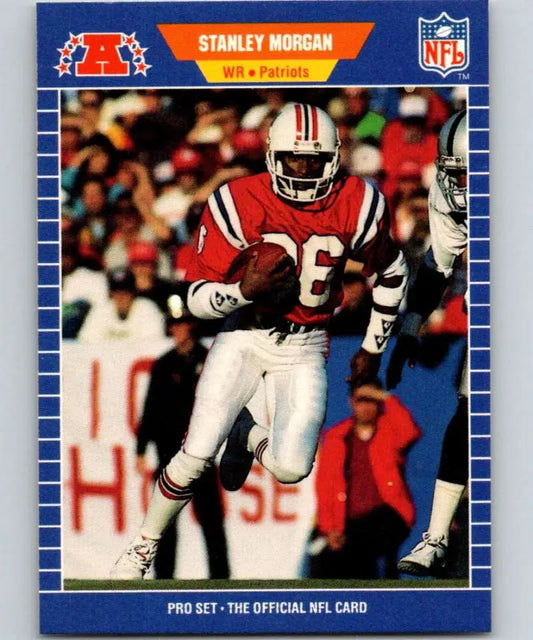 NFL trading card of Stanley Morgan in New England Patriots uniform with football