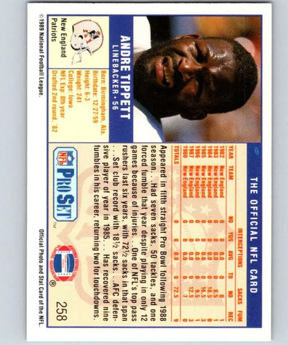 NFL Pro Set trading card featuring Andre Tippett of the New England Patriots football