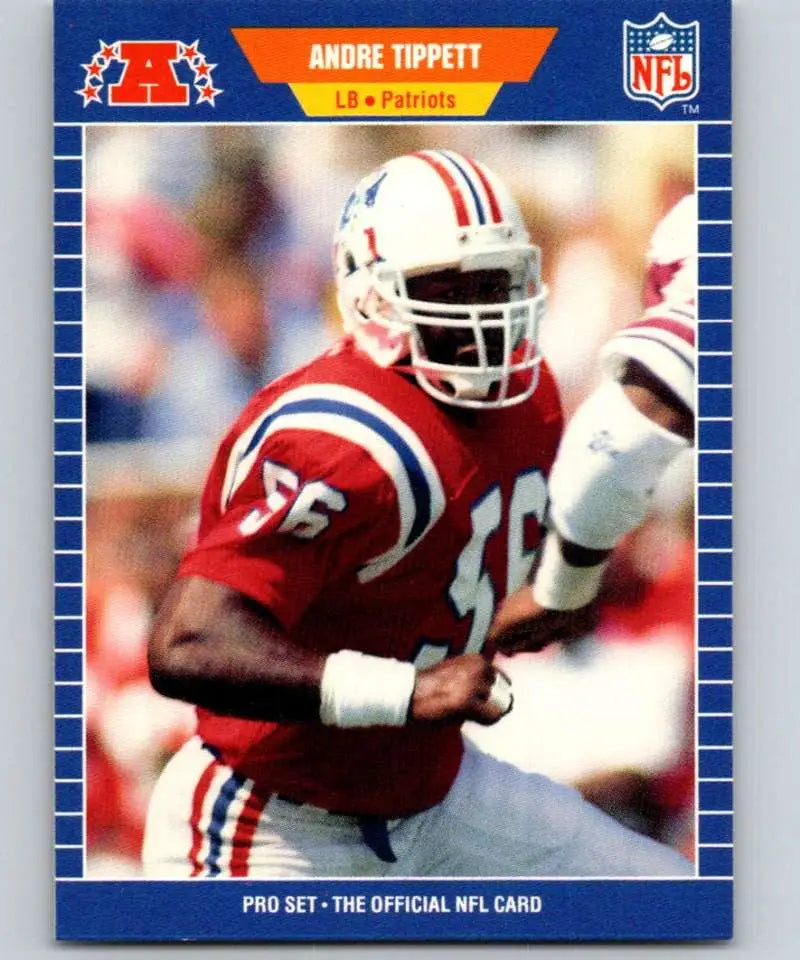 NFL trading card of Andre Tippett in red and white New England Patriots uniform