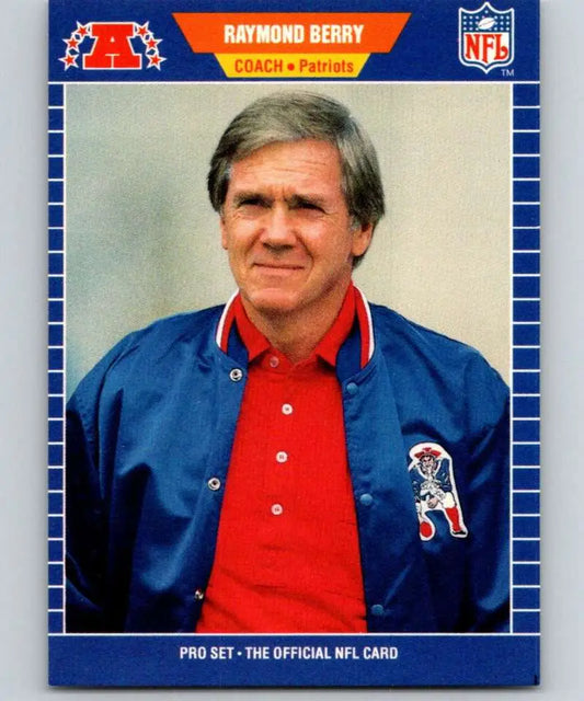 NFL trading card of Raymond Berry in blue jacket, red polo, retro New England Patriots logo