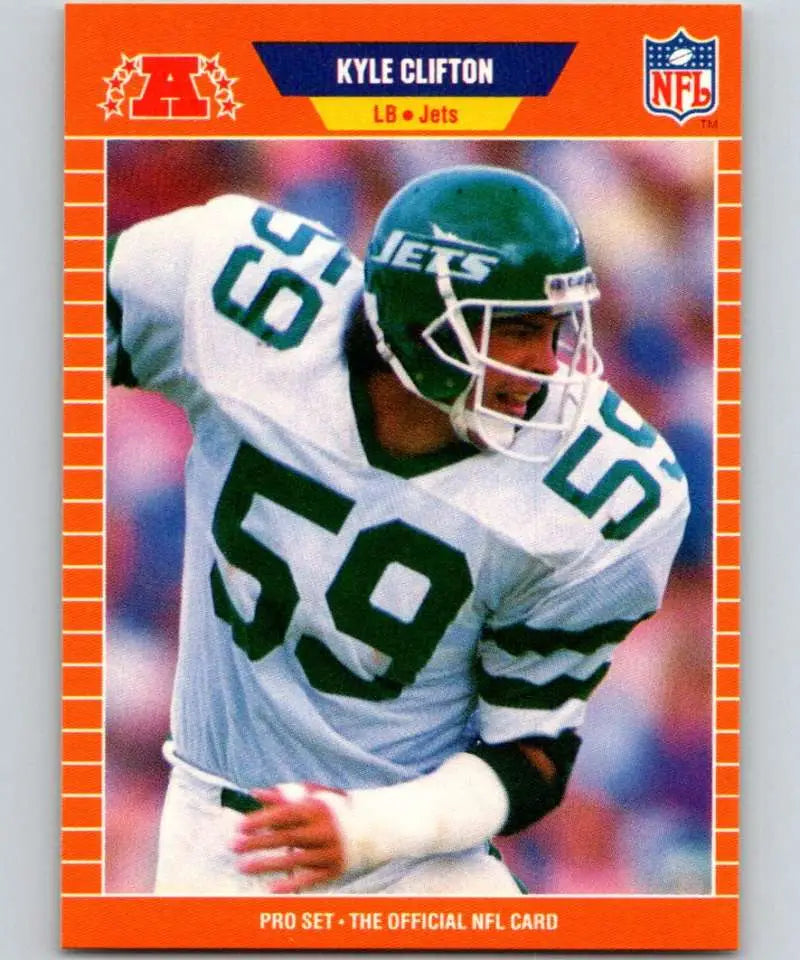 NFL trading card of Kyle Clifton, New York Jets linebacker in gameplay action