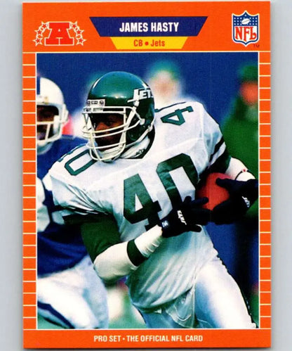 NFL trading card featuring James Hasty in a white York Jets jersey with orange border