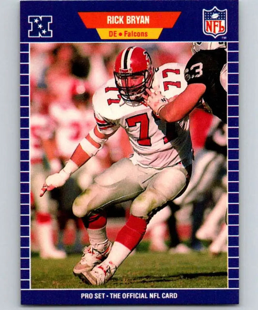 NFL player in white Atlanta Falcons uniform defending on field for 1989 Pro Set Rick Bryan card