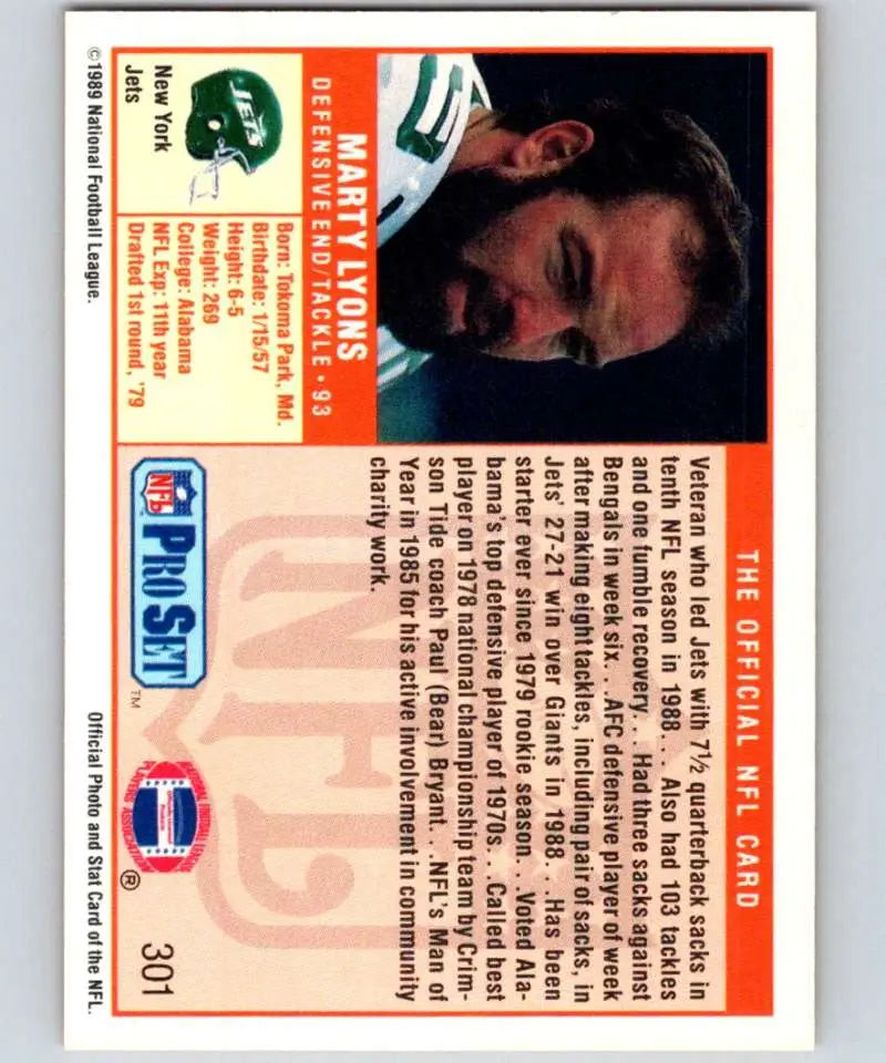 1989 Pro Set #301 Marty Lyons New York Jets Football Card in NM-MT condition