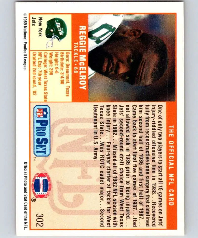 Reggie McElroy football trading card featuring York Jets player from Pro Set