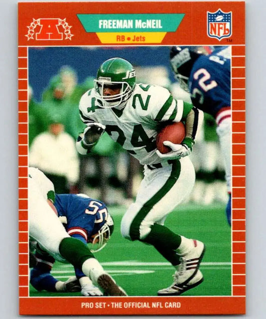 NFL trading card of Freeman McNeil in New York Jets uniform carrying football