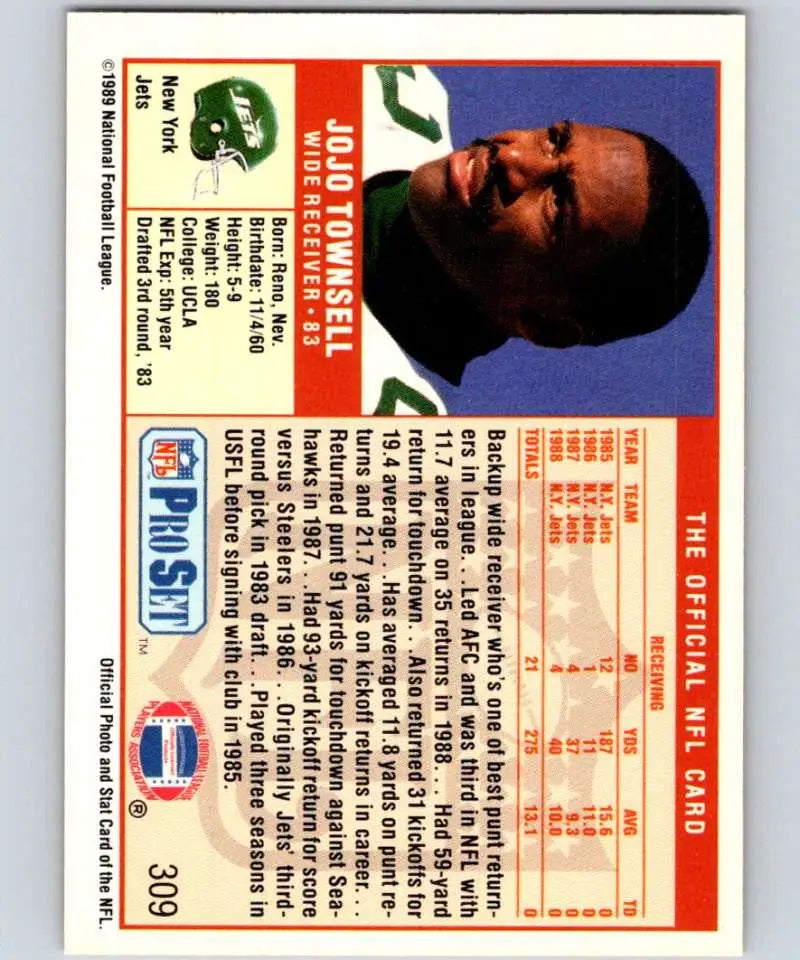 1989 Pro Set #309 Jo Jo Townsell New York Jets Football Card from the early 1990s