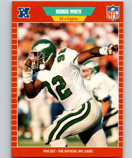 Reggie White in white uniform and green helmet on 1989 Pro Set Philadelphia Eagles card