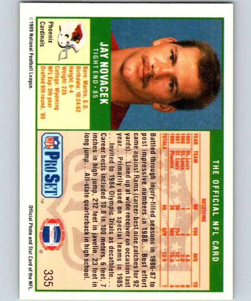 Vintage 1989 Pro Set Jay Novacek Rookie Football Card featuring Phoenix Cardinals colors