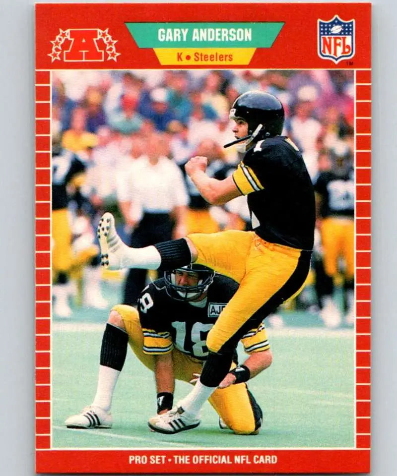 Gary Anderson kicking a field goal for the Pittsburgh Steelers on a football card