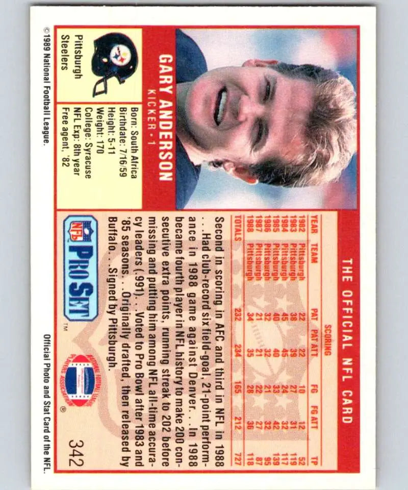 Vintage 1989 Pro Set Gary Anderson Pittsburgh Steelers football card with statistics