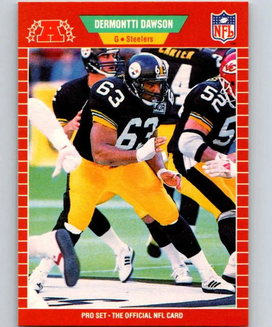 NFL trading card of Dermontti Dawson in Steelers black and gold uniform by Pro Set