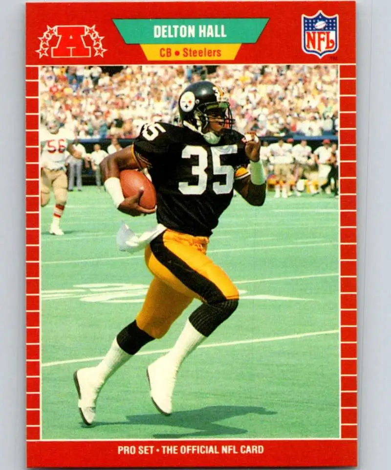 NFL trading card of Delton Hall, Pittsburgh Steelers player, number 35, in black and gold