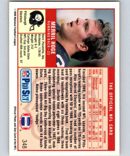 Vintage 1989 Pro Set Merril Hoge rookie football card with red borders and stats