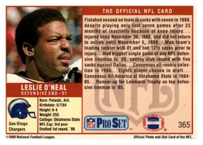 Leslie O’Neal 1989 Pro Set #365 football card with original gloss, Chargers team