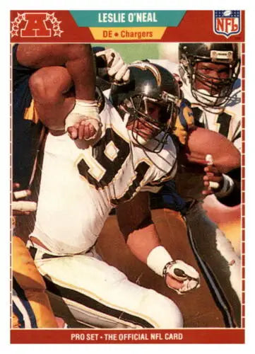 1989 Pro Set #365 Leslie O’Neal football card in original gloss, typically sells well