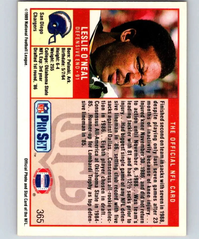 1989 Pro Set NFL trading card featuring Leslie O’Neal of the San Diego Chargers