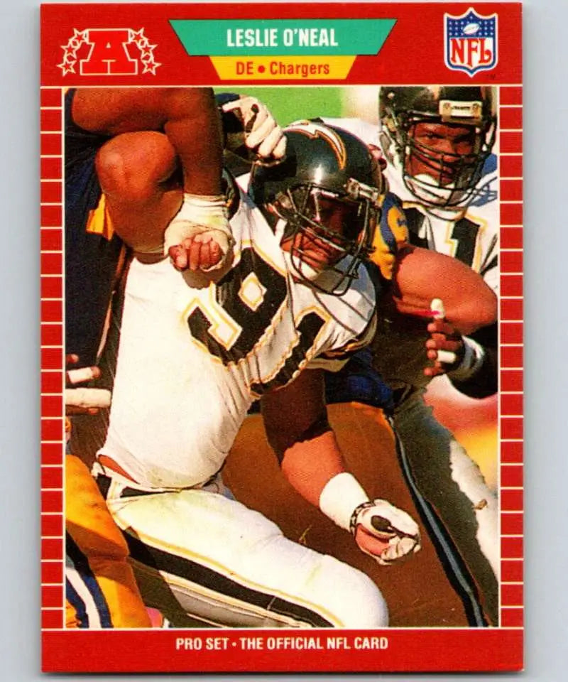 NFL trading card of Leslie O’Neal, San Diego Chargers defensive end in action