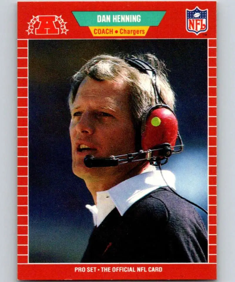 NFL coach Dan Henning in red headset and jacket for San Diego Chargers football card