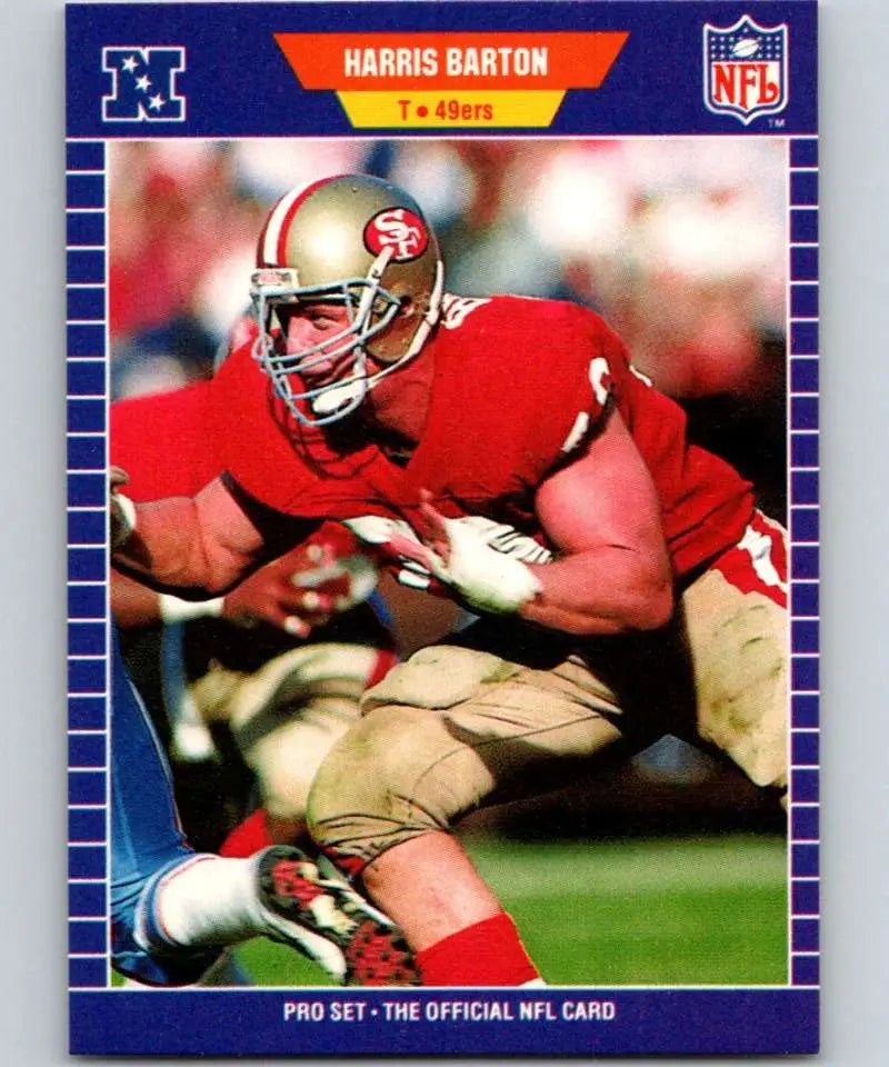 NFL trading card of Harris Barton in a San Francisco 49ers red jersey carrying football