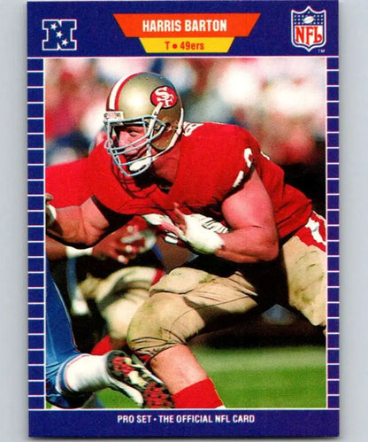 NFL trading card of Harris Barton in a San Francisco 49ers red jersey carrying football