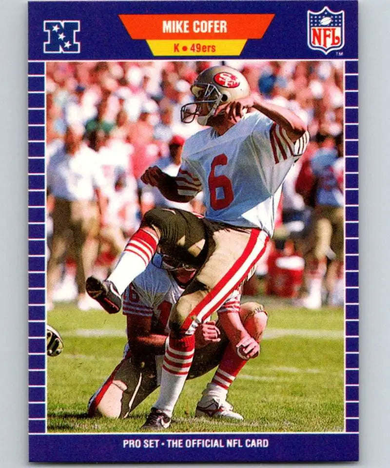 Vintage NFL trading card of Mike Cofer, San Francisco 49ers kicker in action