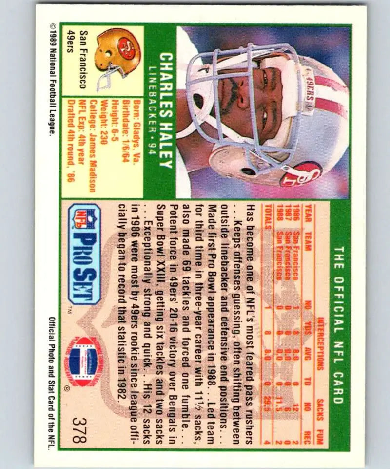 Football card featuring Charles Haley in a white helmet from Pro Set collection