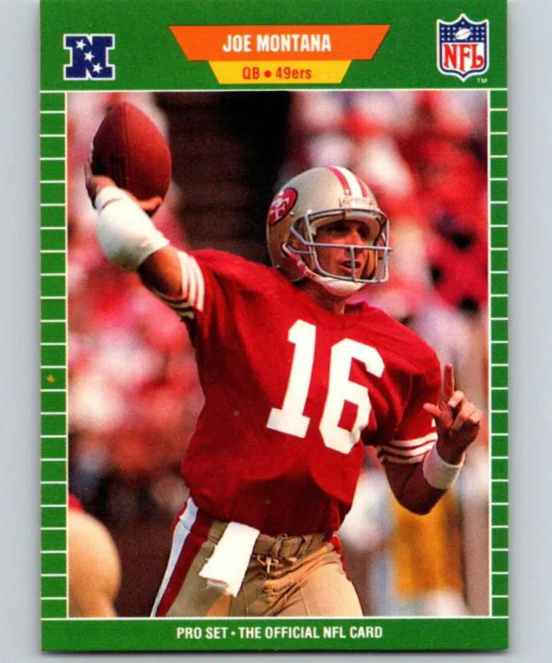 Football trading card of Joe Montana, San Francisco 49ers quarterback in red jersey