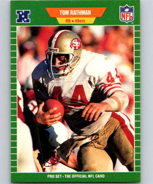 NFL trading card of Tom Rathman in white uniform for 1989 Pro Set San Francisco 49ers