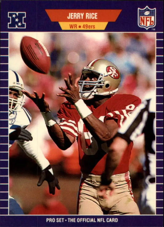 Jerry Rice catching a pass on 1989 Pro Set #383 San Francisco 49ers Football Card