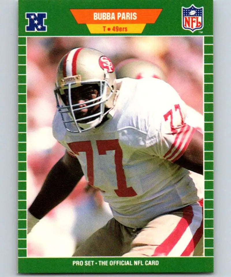 NFL trading card of San Francisco 49ers player Bubba Paris in white uniform number 77