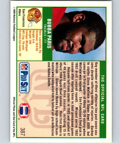 NFL Pro Set 1989 Bubba Paris trading card featuring the San Francisco 49ers