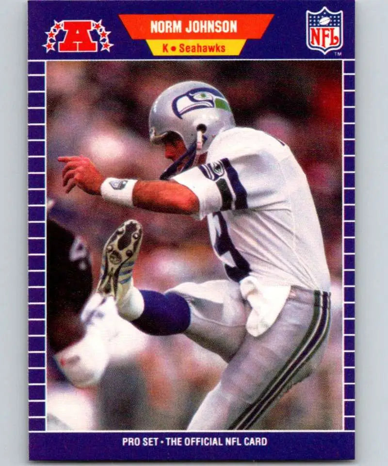 NFL trading card of Norm Johnson in a white Seattle Seahawks football uniform