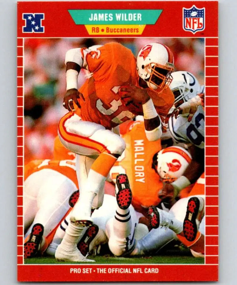 NFL trading card of James Wilder in orange uniform, Tampa Bay Buccaneers in action