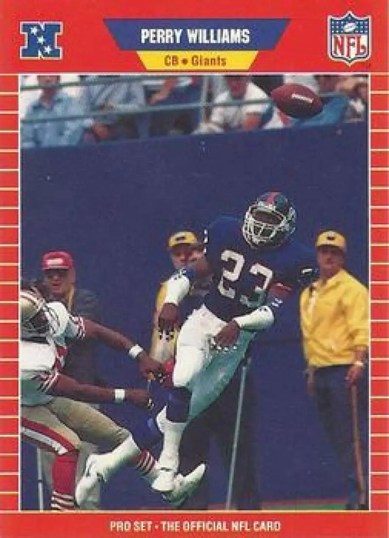 NFL trading card of Perry Williams from Pro Set featuring New York Giants in action