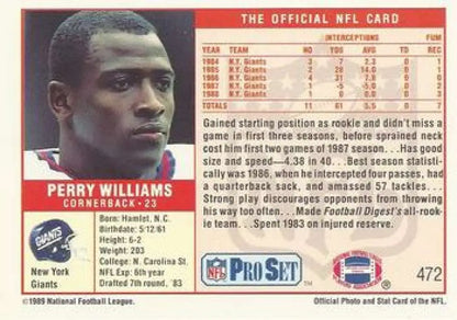 NFL Pro Set 1989 Perry Williams Rookie Card New York Giants Football Collectible