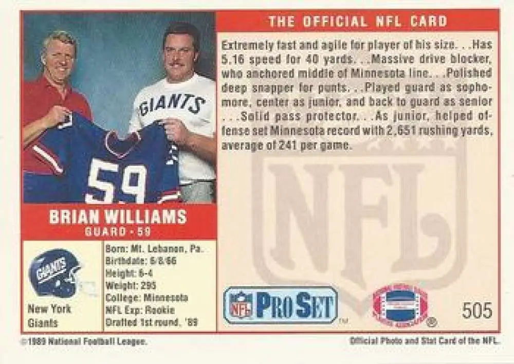 Vintage NFL Pro Set football card of Brian Williams, New York Giants jersey number 59