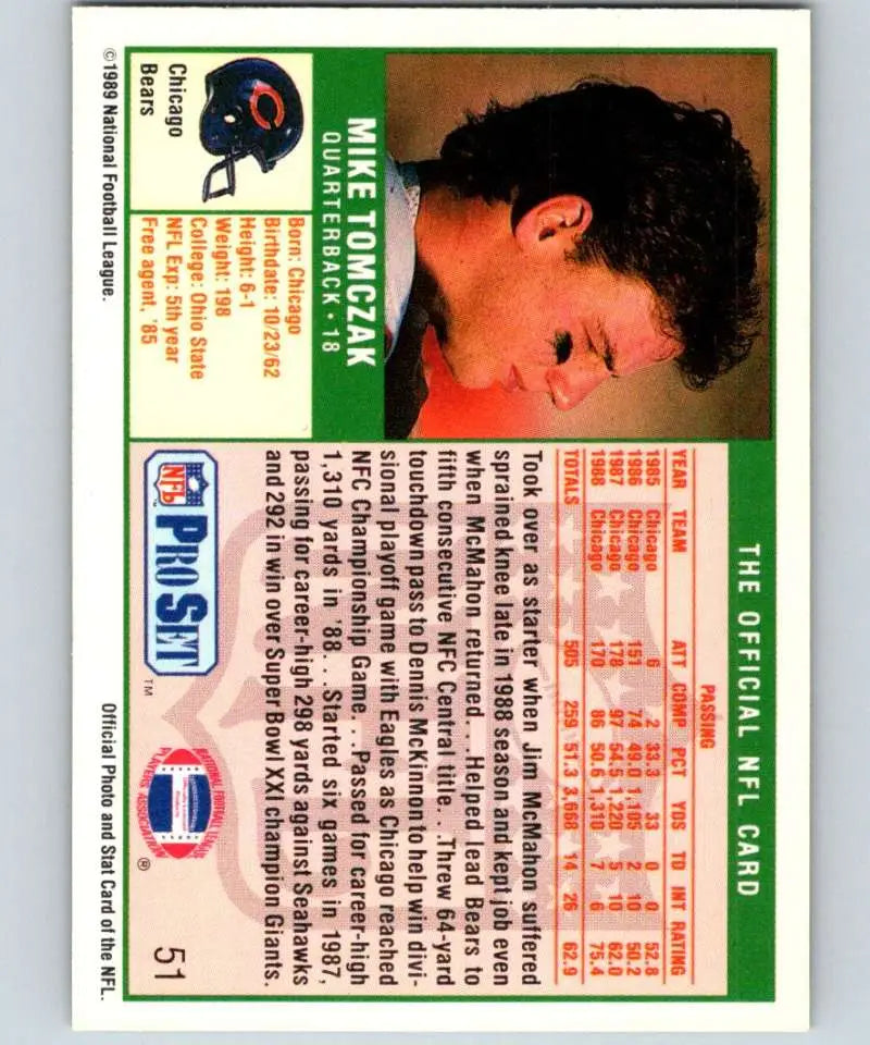 Football trading card of Mike Tomczak from Pro Set, showcasing Chicago Bears football