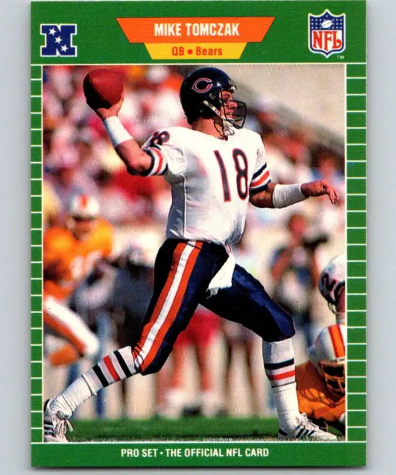 Chicago Bears football card featuring Mike Tomczak in a white jersey throwing a pass