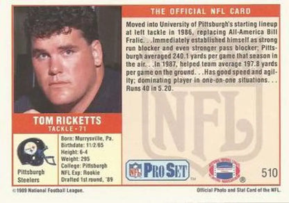 1989 Pro Set Tom Ricketts Pittsburgh Steelers Football Card NM-MT RC Rookie