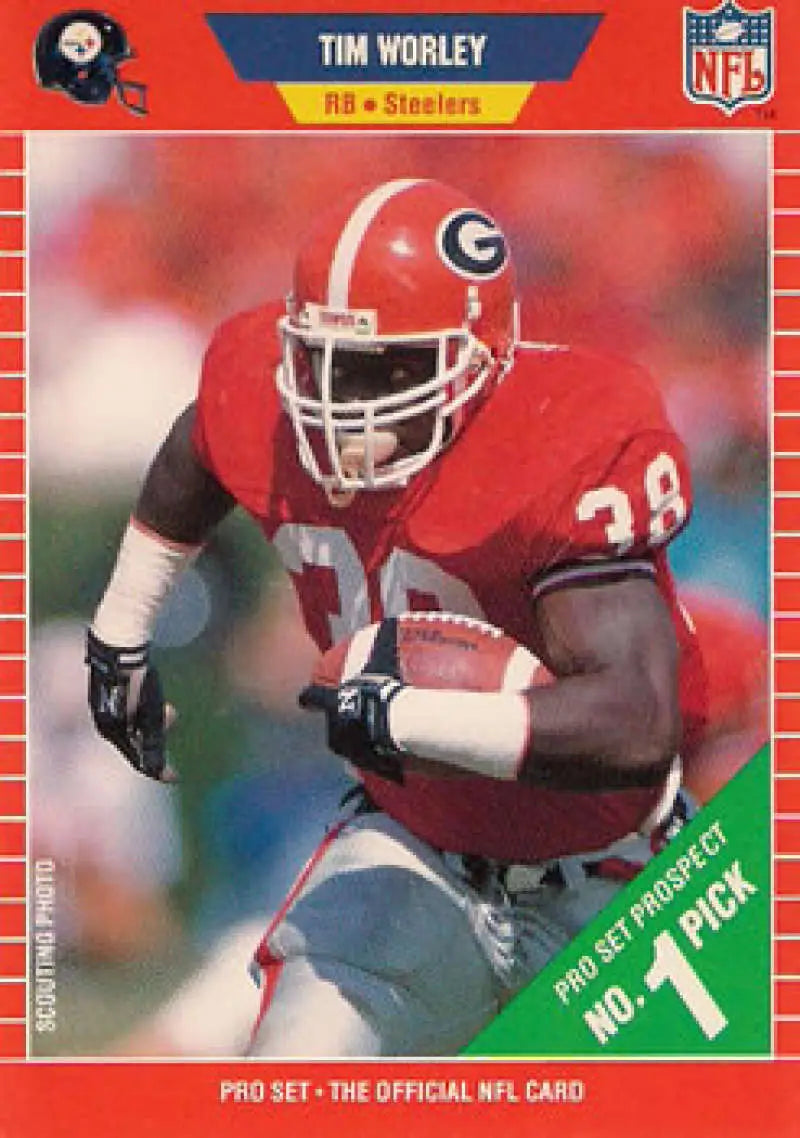 Football card of Tim Worley, University of Georgia running back in red jersey 38