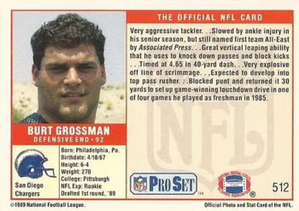 NFL Pro Set football card featuring San Diego Chargers rookie Burt Grossman from 1990