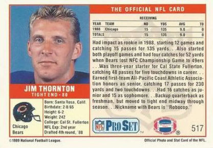 NFL Pro Set trading card of Jim Thornton, Chicago Bears rookie from 1989