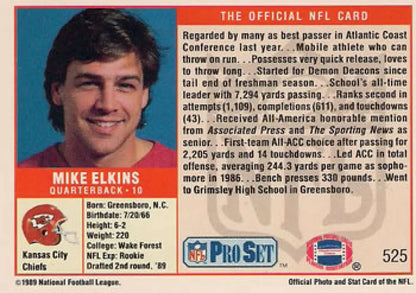 NFL trading card of Mike Elkins, quarterback for the Kansas City Chiefs from 1969