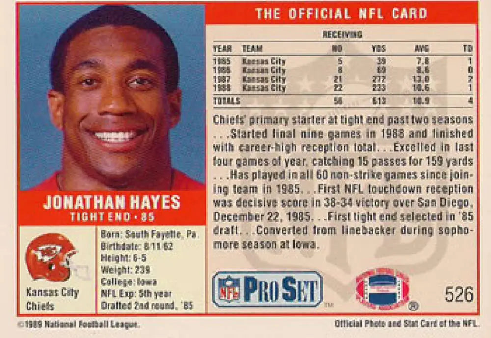 NFL trading card of Jonathan Hayes, Kansas City Chiefs, 1989 Pro Set #526 rookie