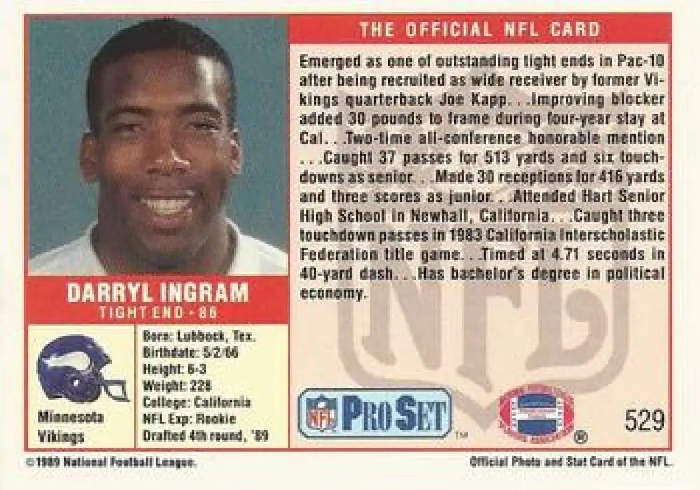 NFL Pro Set trading card of Darryl Ingram, Minnesota Vikings rookie from 1990