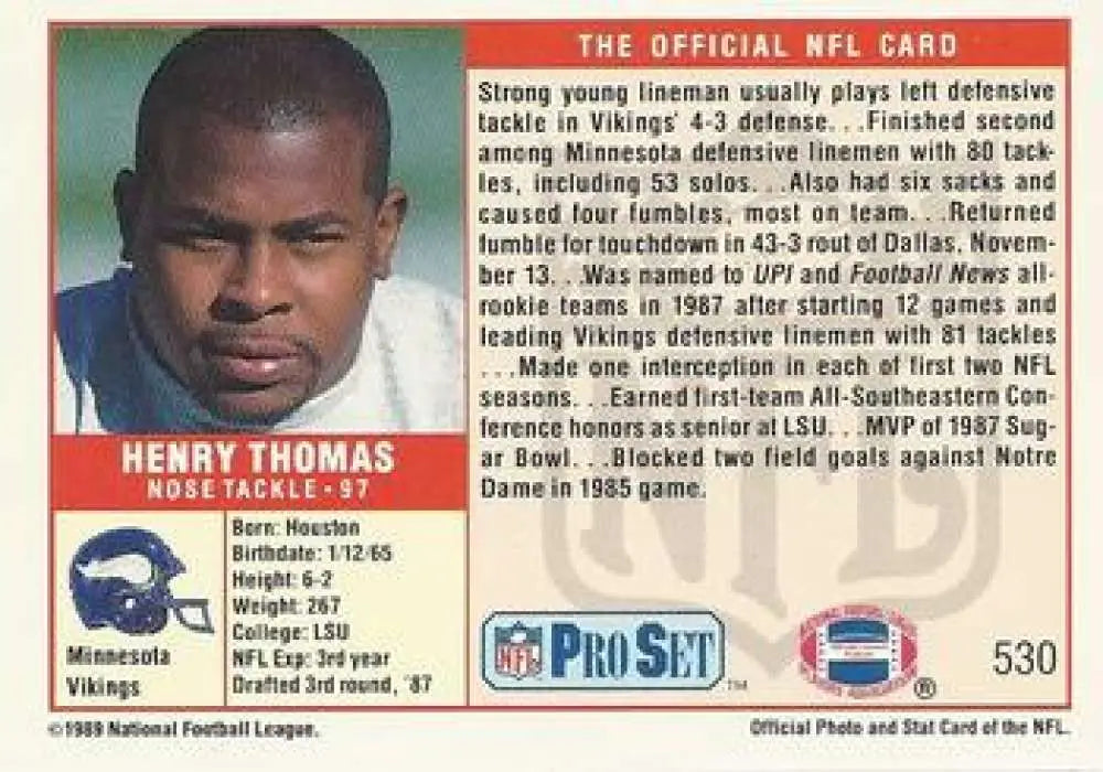 1989 Pro Set #530 Henry Thomas NM-MT Minnesota Vikings Football Trading Card