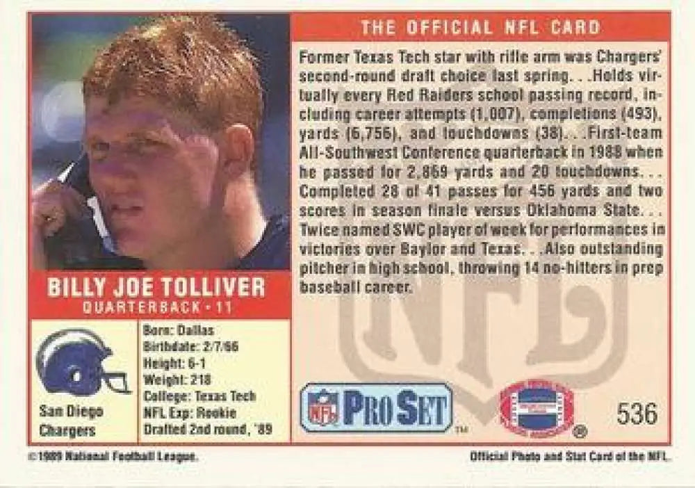 NFL Pro Set trading card of Billy Joe Tolliver, 1989 San Diego Chargers rookie