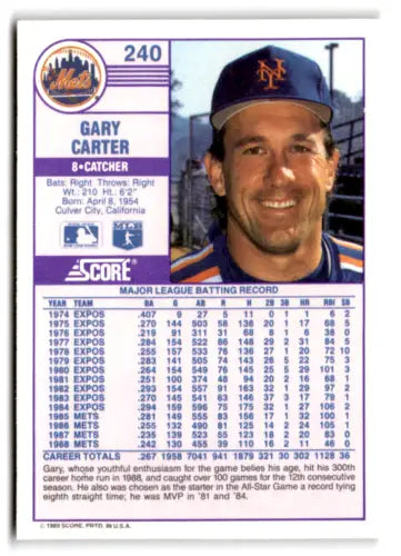 Gary Carter baseball card 1989 Score #240 original gloss Mets Simply Sandoval ID:66776