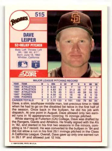 Dave Leiper San Diego Padres baseball card with original gloss from 1989 Score #515